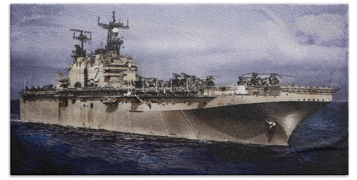 Ship Beach Sheet featuring the photograph USS Iwo Jima LPH2 by Reynaldo Williams