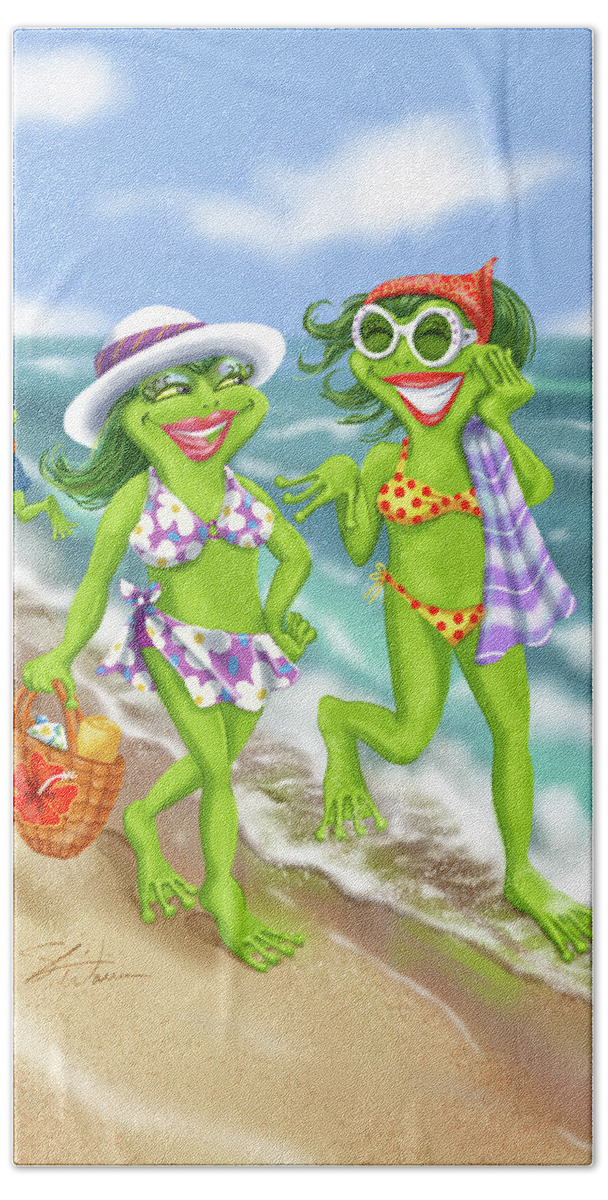Frogs Beach Towel featuring the mixed media Vacation Beach Frog Girls by Shari Warren