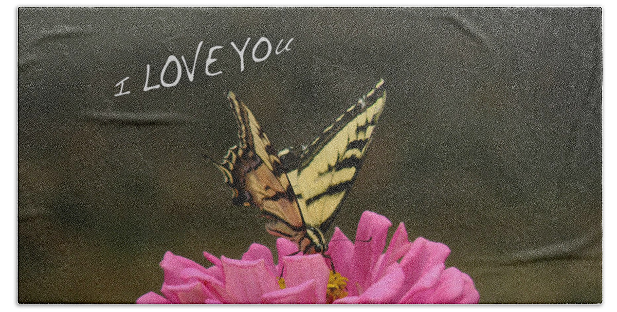 Valentine Beach Towel featuring the pyrography Valentine Zinnia and the Swallowtail by Debby Pueschel