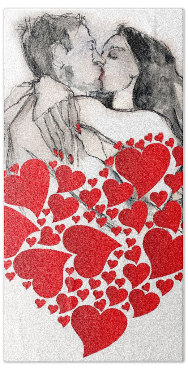 Valentine's Day Beach Towel featuring the painting Valentine's Kiss - Valentine's Day by Carolyn Weltman
