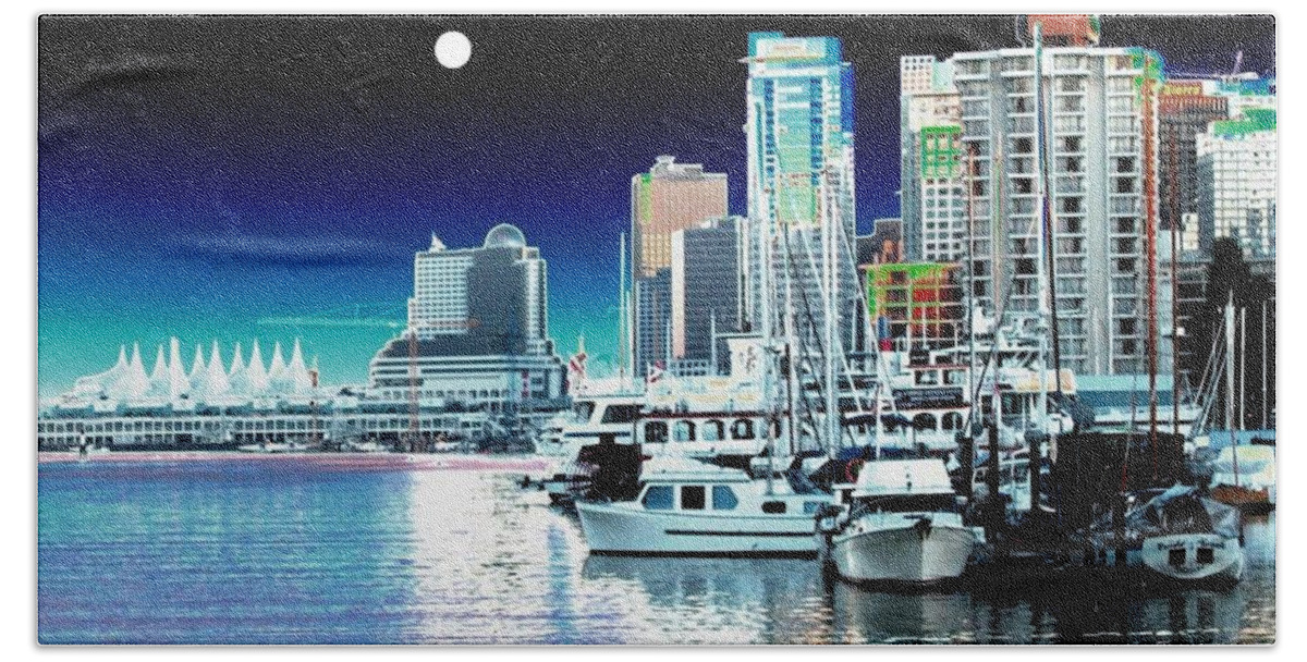 Vancouver Harbor Beach Towel featuring the digital art Vancouver Harbor Moonrise by Will Borden