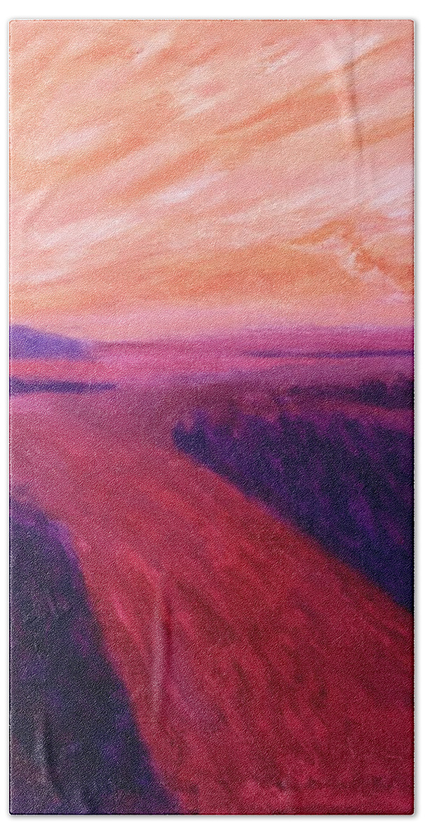 Rivers Water Orange Purple Magenta Wine Skies Beach Towel featuring the painting Vanishing by Suzanne Udell Levinger