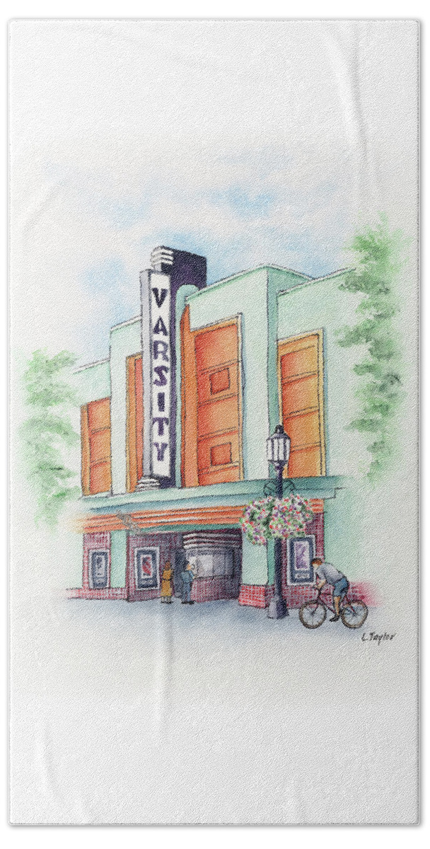 Old Theater Beach Towel featuring the painting Varsity on Main by Lori Taylor
