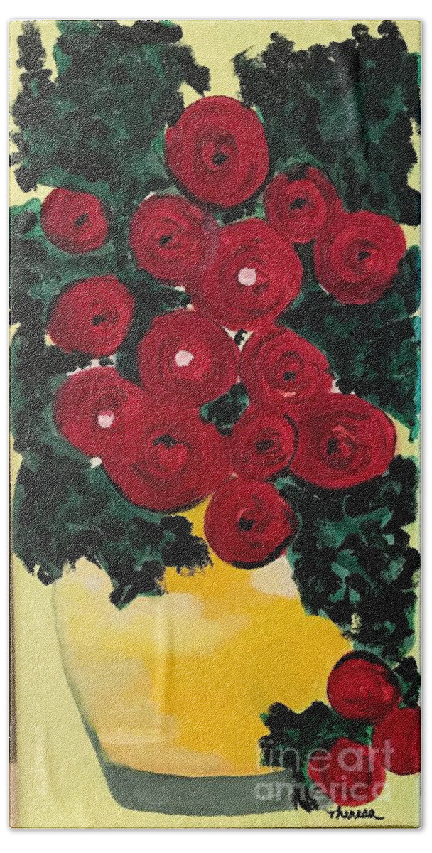 Original Art Work Beach Towel featuring the painting Vase of Red Flowers by Theresa Honeycheck
