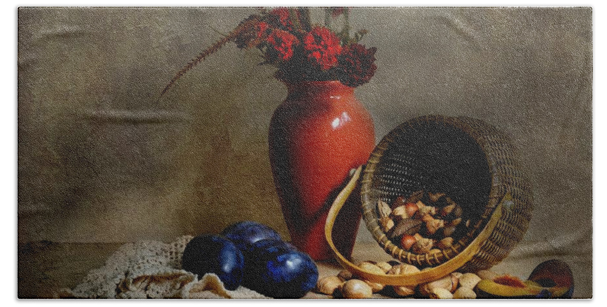 Classic Still Life Beach Towel featuring the photograph Vase with basket of walnuts by Diana Angstadt