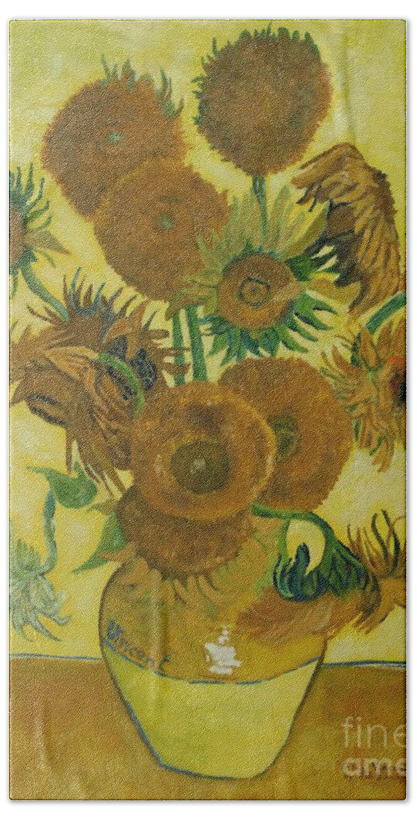 Sunflowers Beach Towel featuring the painting Vase withFifteen Sunflowers by Bob Williams