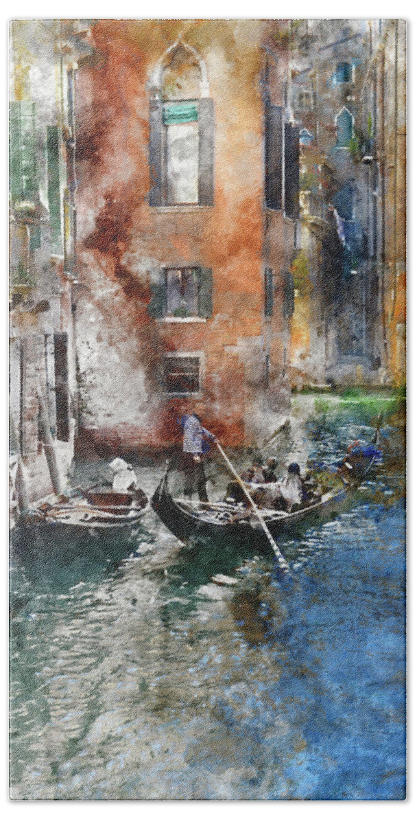 Ancient Beach Sheet featuring the photograph Venetian gondolier in Venice Italy by Brandon Bourdages