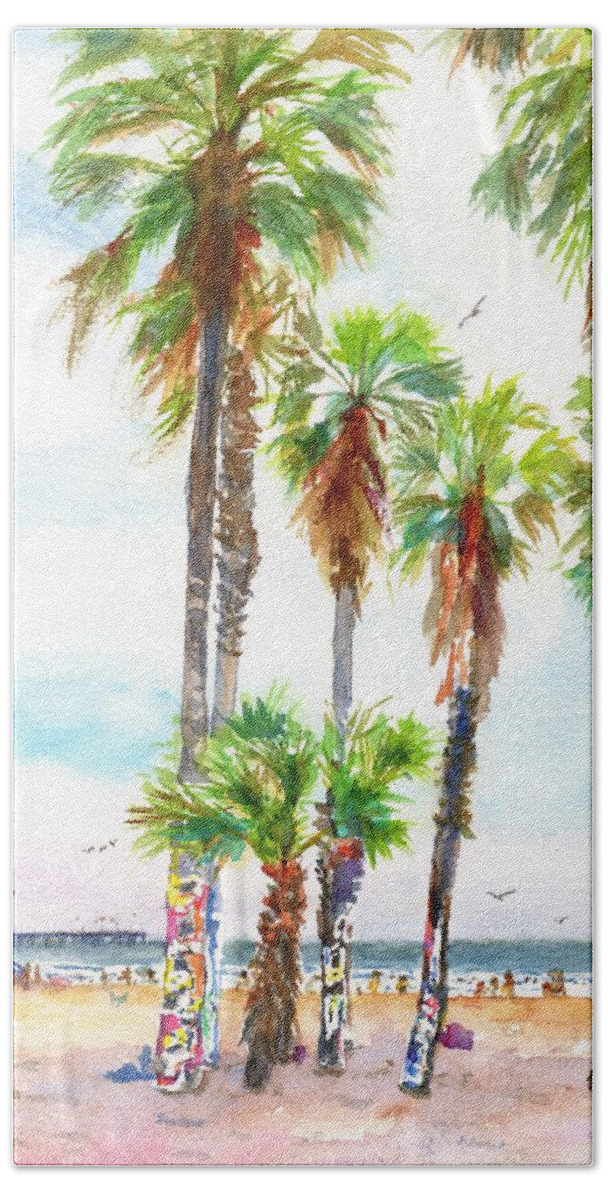 Venice Beach Beach Towel featuring the painting Venice Beach California Graffiti Palm Trees by Carlin Blahnik CarlinArtWatercolor