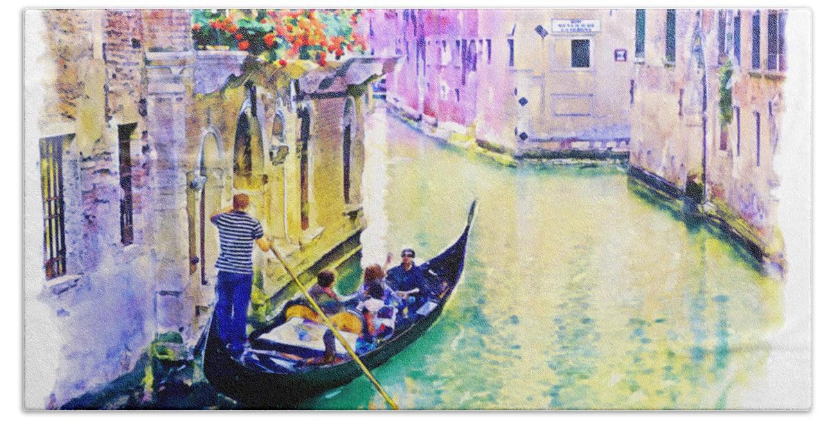 Marian Voicu Beach Towel featuring the painting Venice Gondolier by Marian Voicu