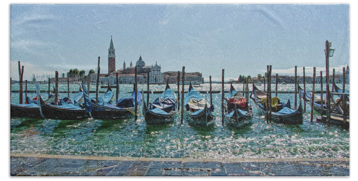 Venetian Gondolas Beach Towel featuring the photograph Venice gondolas - morning by Maria Rabinky