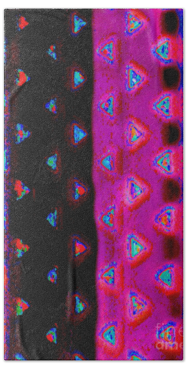 Contemporary Digital Art( Redundant Eh ?) Photo Manipulation. Colorful Stripes Speckled With Colorful Triangles Beach Towel featuring the digital art Vent Lace by Priscilla Batzell Expressionist Art Studio Gallery