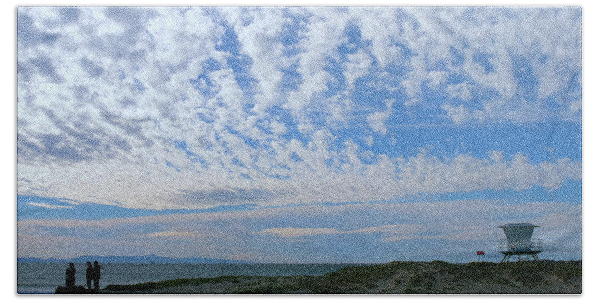 Ventura Beach Beach Sheet featuring the photograph Ventura Beach with Blue Sky and Puffy Clouds by Ram Vasudev