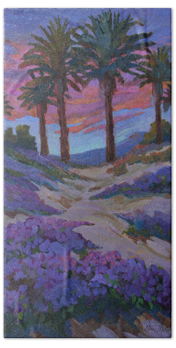 Palm Trees Beach Towel featuring the painting Verbena and Desert Sunrise by Diane McClary