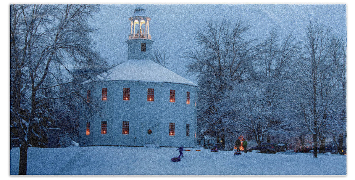 Blue Beach Towel featuring the photograph Vermont Old Round Church Christmas by Jeff Folger
