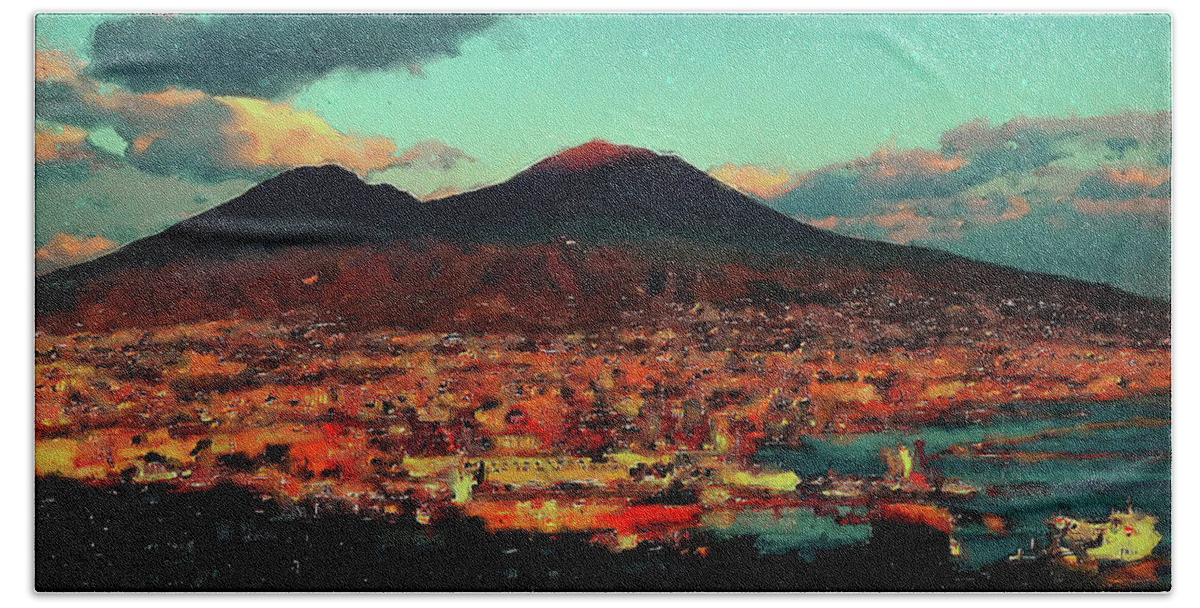 Gulf Of Naples Beach Towel featuring the painting Vesuvio, panorama from Naples - 01 by AM FineArtPrints