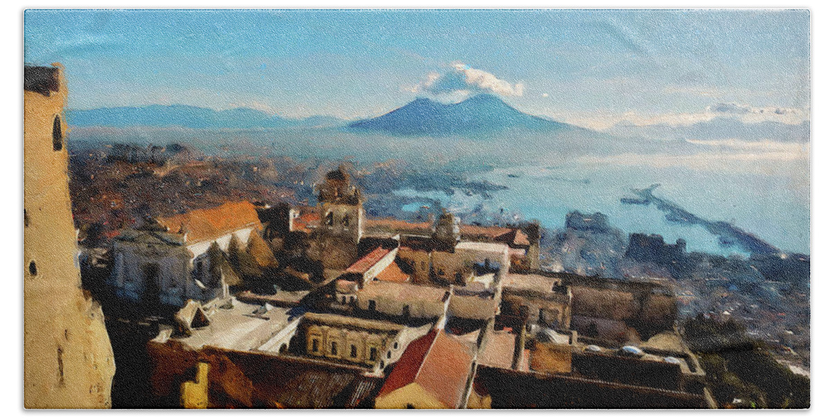 Gulf Of Naples Beach Towel featuring the painting Vesuvio, panorama from Naples - 03 by AM FineArtPrints