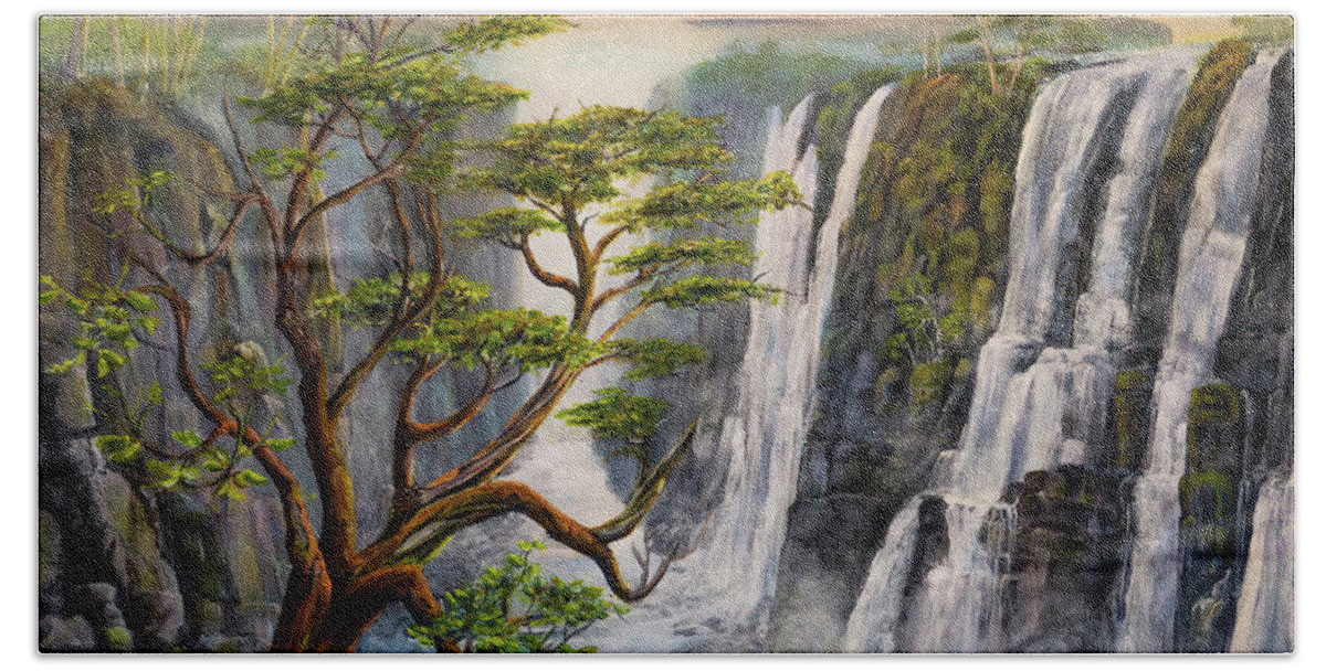 Waterfalls Beach Towel featuring the painting Victoria Falls Zimbabwe by Wayne Enslow