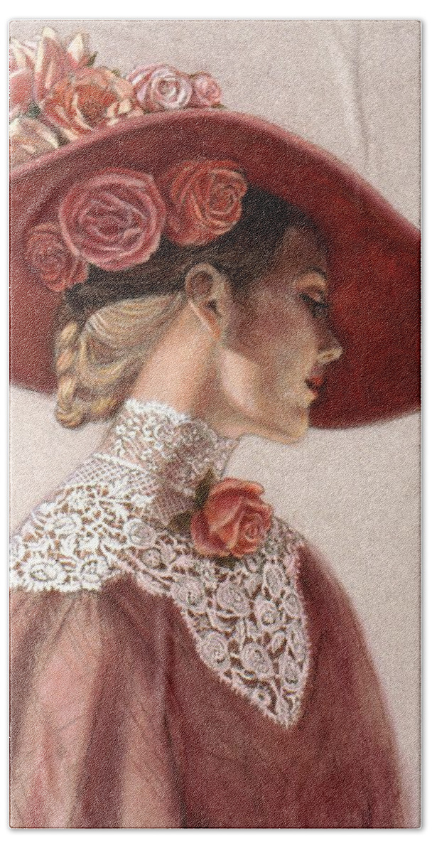 Victorian Lady Beach Towel featuring the painting Victorian Lady in a Rose Hat by Sue Halstenberg