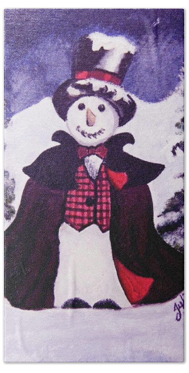 Snow Scene Beach Towel featuring the painting Victorian Snowman by Julie Belmont