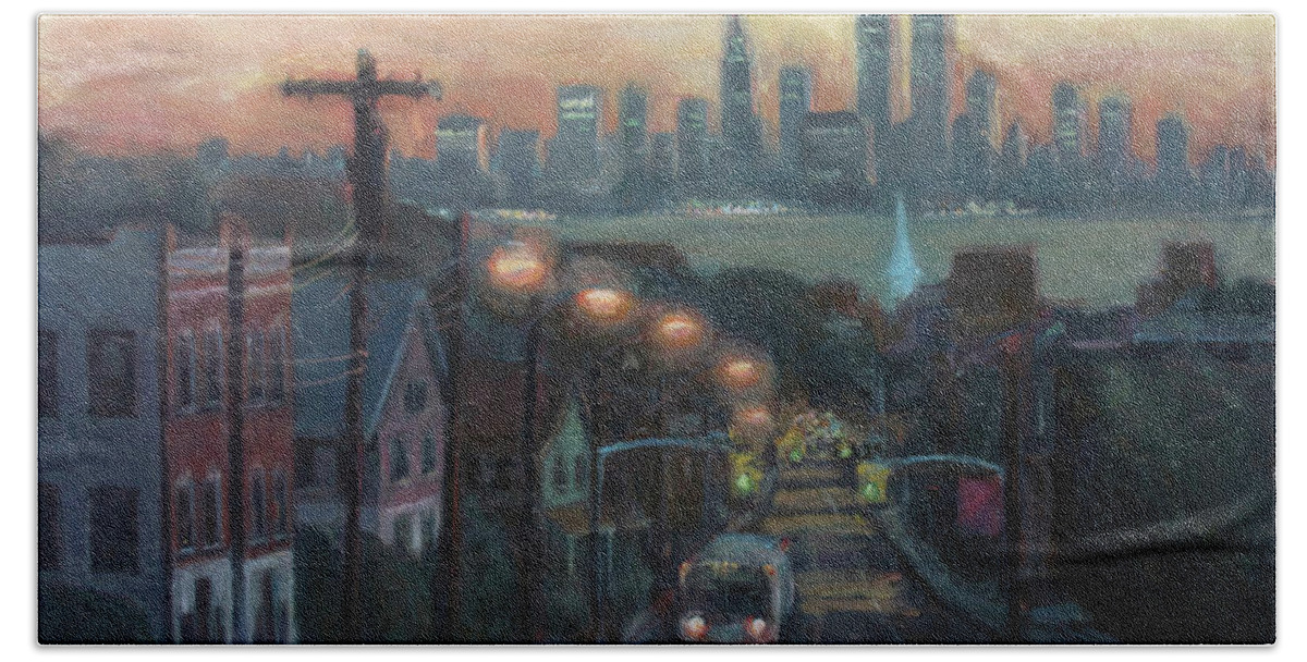 Manhattan Skyline Beach Towel featuring the painting Victory Boulevard at Dawn by Sarah Yuster