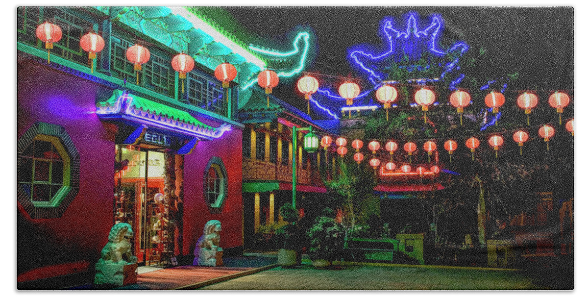 Endre Beach Towel featuring the photograph View Of Chinatown at Night by Endre Balogh