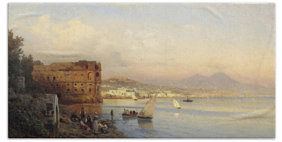 Albert Flamm Beach Towel featuring the painting View of the Bay of Naples by Albert Flamm