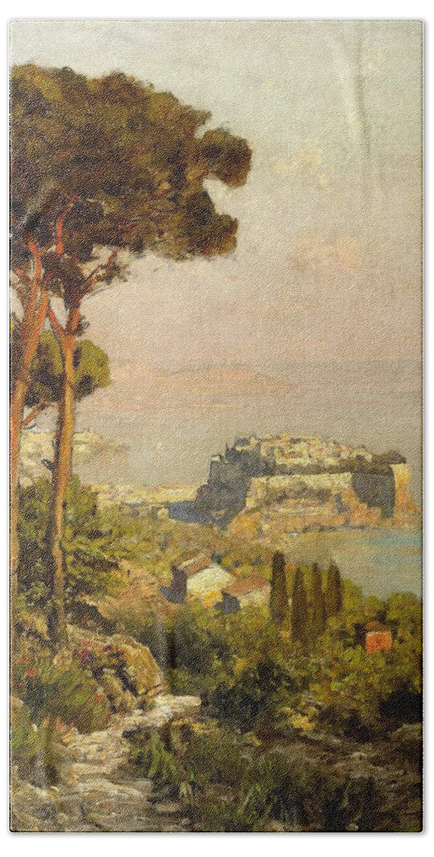 Oswald Achenbach Beach Towel featuring the painting View of the Bay of Naples by Oswald Achenbach