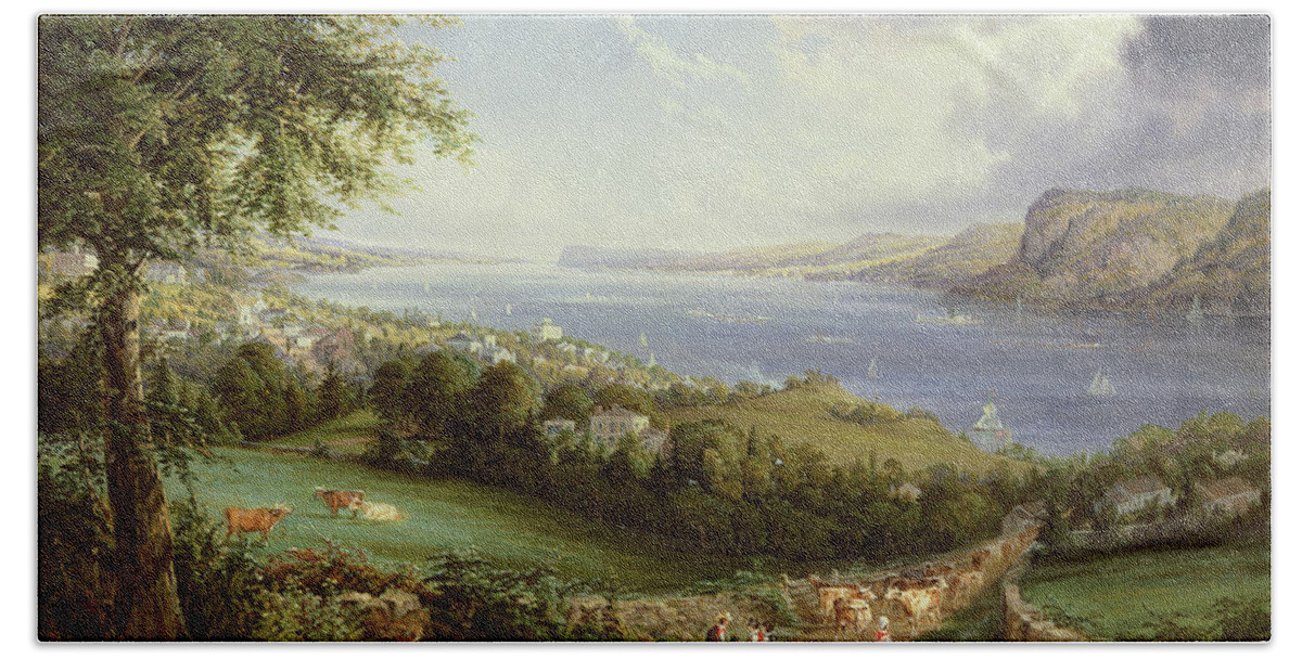 View Of The Hudson River From Near Sing Sing Beach Towel featuring the painting View of the Hudson River from near Sing Sing, New York by Robert Havell