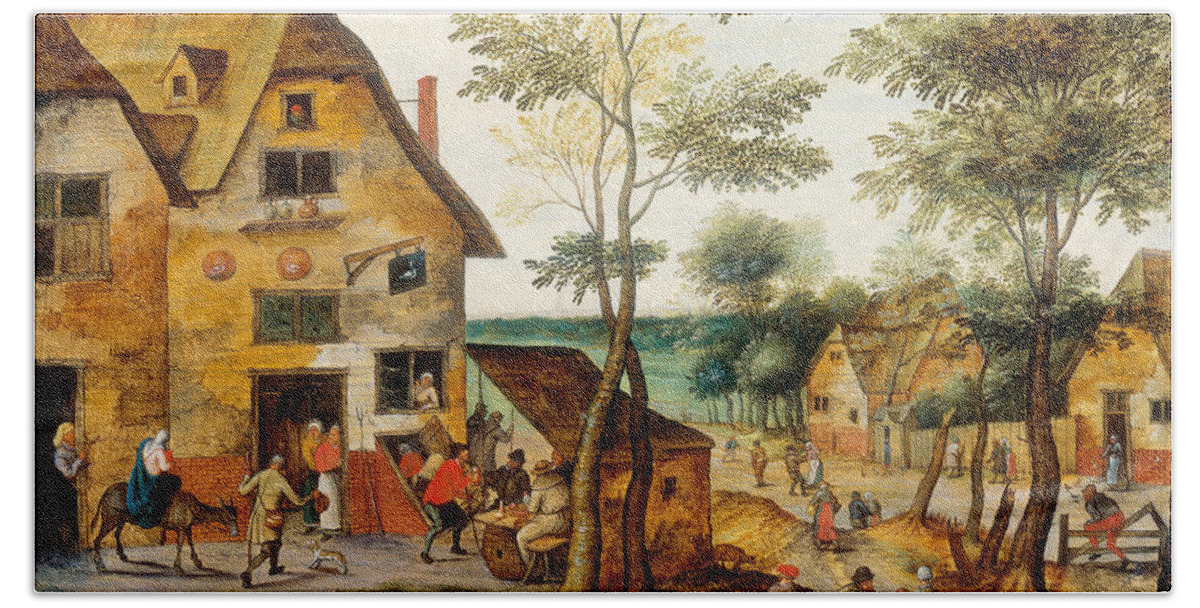 Pieter Brueghel The Younger Beach Towel featuring the painting Village landscape with the Virgin Mary and St. Joseph by Pieter Brueghel the Younger