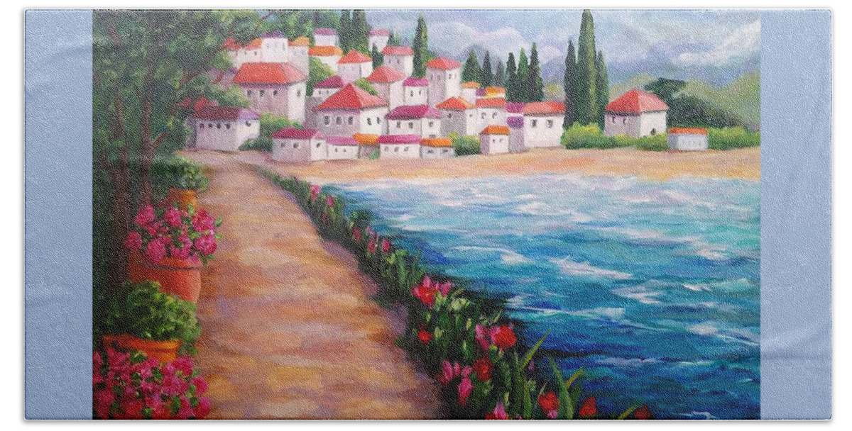 Landscape Beach Sheet featuring the painting Villas by the Sea by Rosie Sherman