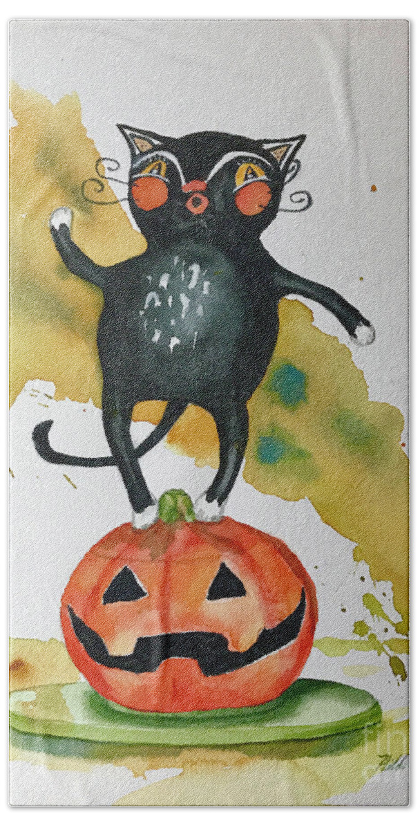 Cat Beach Sheet featuring the painting Vintage Halloween Cat by Hilda Vandergriff