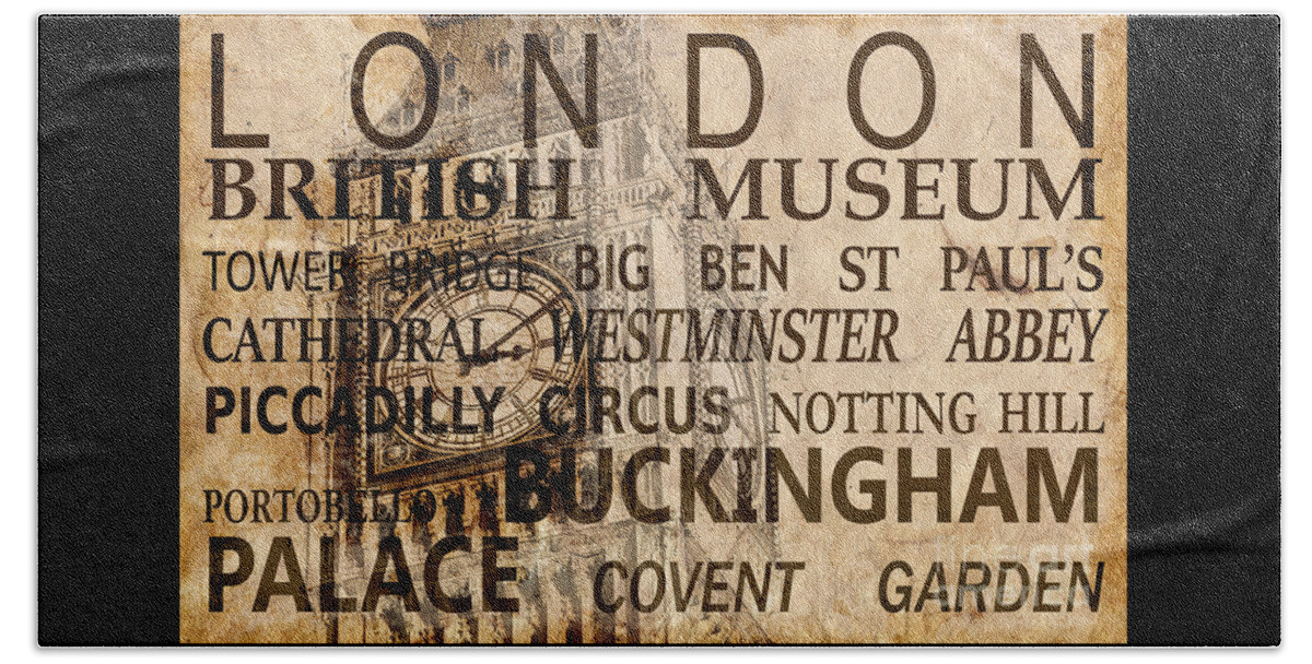 London Beach Towel featuring the photograph Vintage London landmarks collage, sepia by Delphimages London Photography