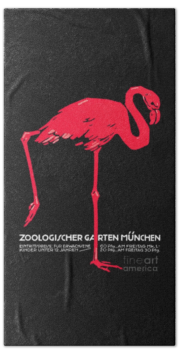 Vintage Beach Towel featuring the drawing Vintage Pink flamingo Munich Zoo travel ad by Heidi De Leeuw