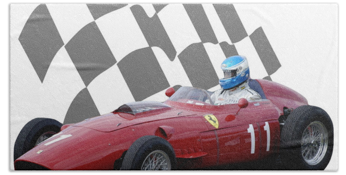 Racing Car Beach Sheet featuring the photograph Vintage Racing Car and Flag 2 by John Colley