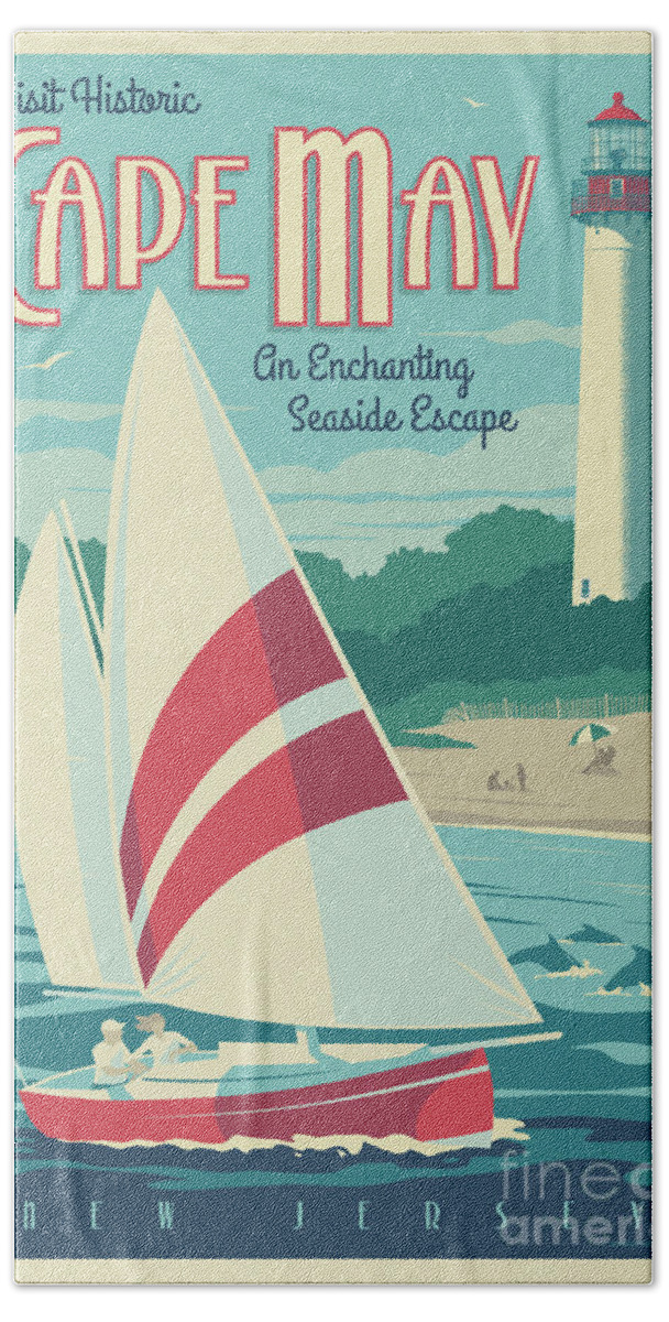 Travel Poster Beach Towel featuring the digital art Cape May Poster - Vintage Travel Lighthouse by Jim Zahniser