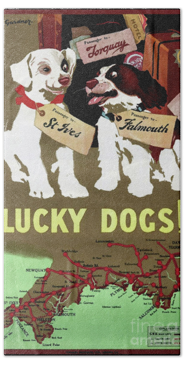 Vintage Poster Beach Towel featuring the painting Vintage Traveling Dogs by Mindy Sommers