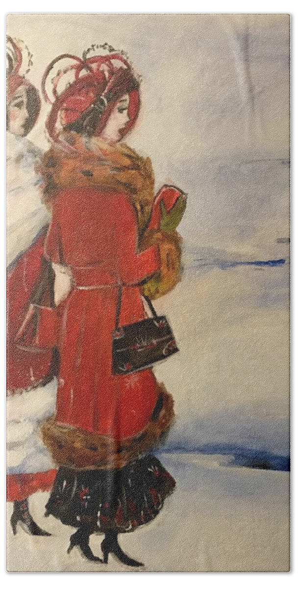 Vintage Beach Sheet featuring the mixed media Vintage Winter Women by Denice Palanuk Wilson