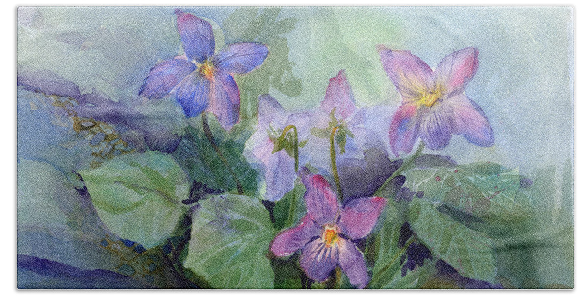 Violets Beach Towel featuring the painting Violets by Garden Gate