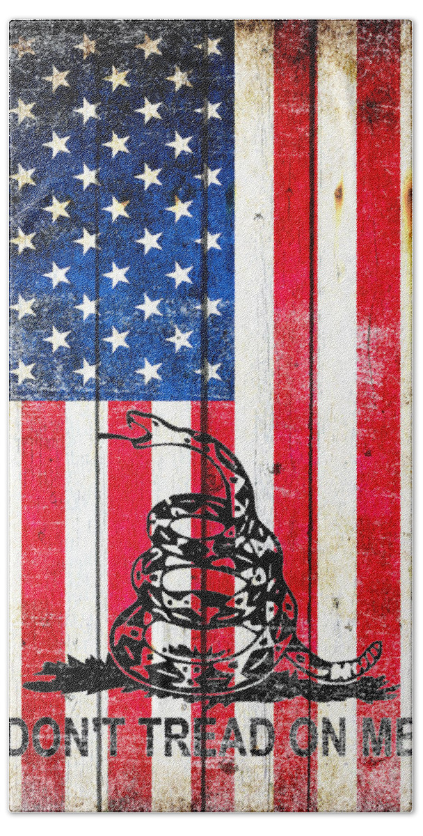 Snake Beach Towel featuring the digital art Viper on American Flag on Old Wood Planks Vertical by M L C