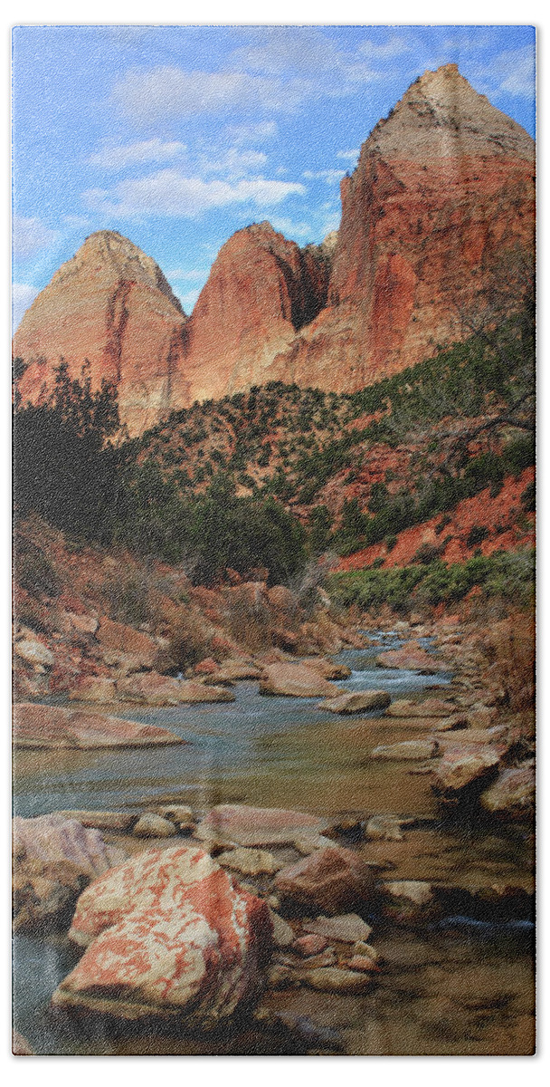 Utah. Zion National Park Beach Sheet featuring the photograph Virgin River in Zion Canyon by Eric Foltz