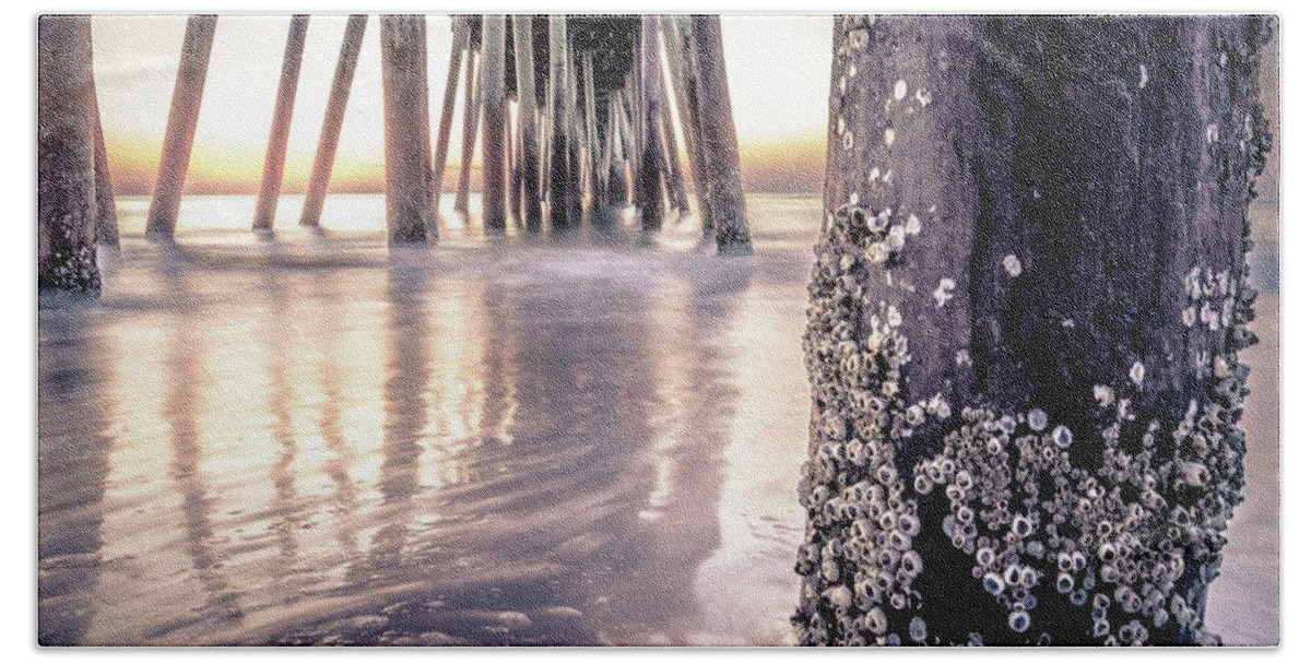 Sunrise Beach Towel featuring the photograph Virginia Beach Pier 2 by Larkin's Balcony Photography