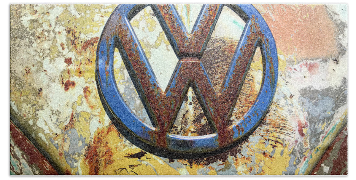 Kelly Hazel Beach Towel featuring the photograph Volkswagen VW Emblem with Rust by Kelly Hazel