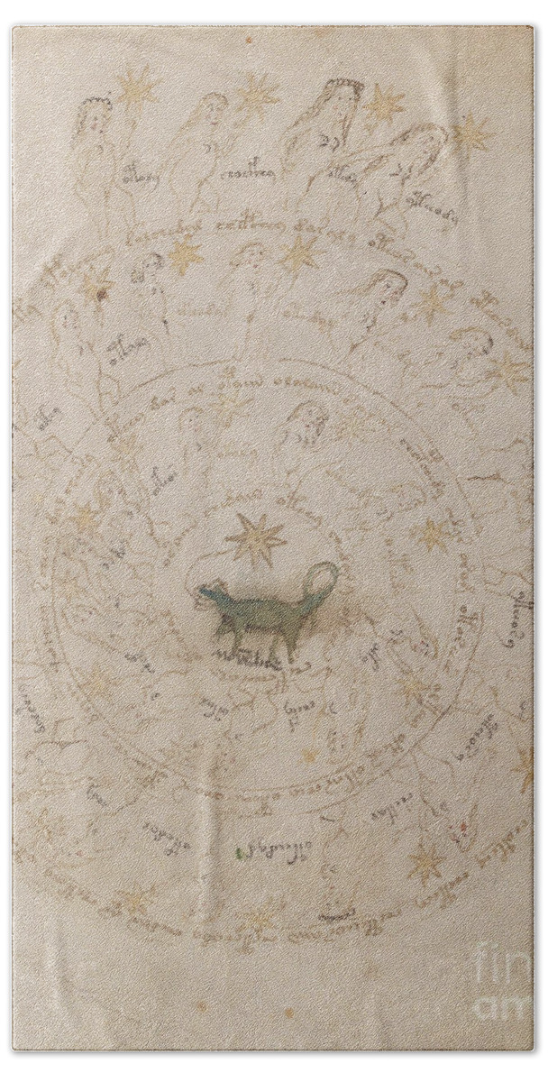Astronomy Beach Sheet featuring the drawing Voynich Manuscript Astro Scorpio by Rick Bures