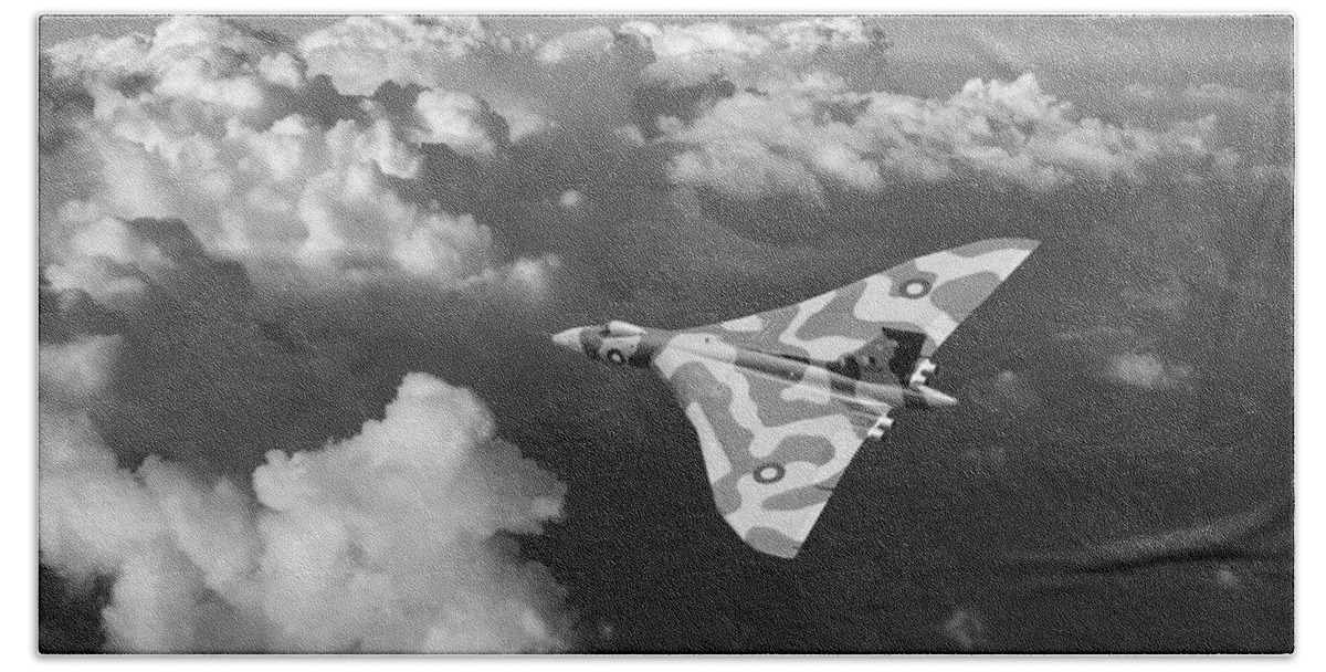 Avro Vulcan Beach Towel featuring the photograph Vulcan catching the light black and white by Gary Eason