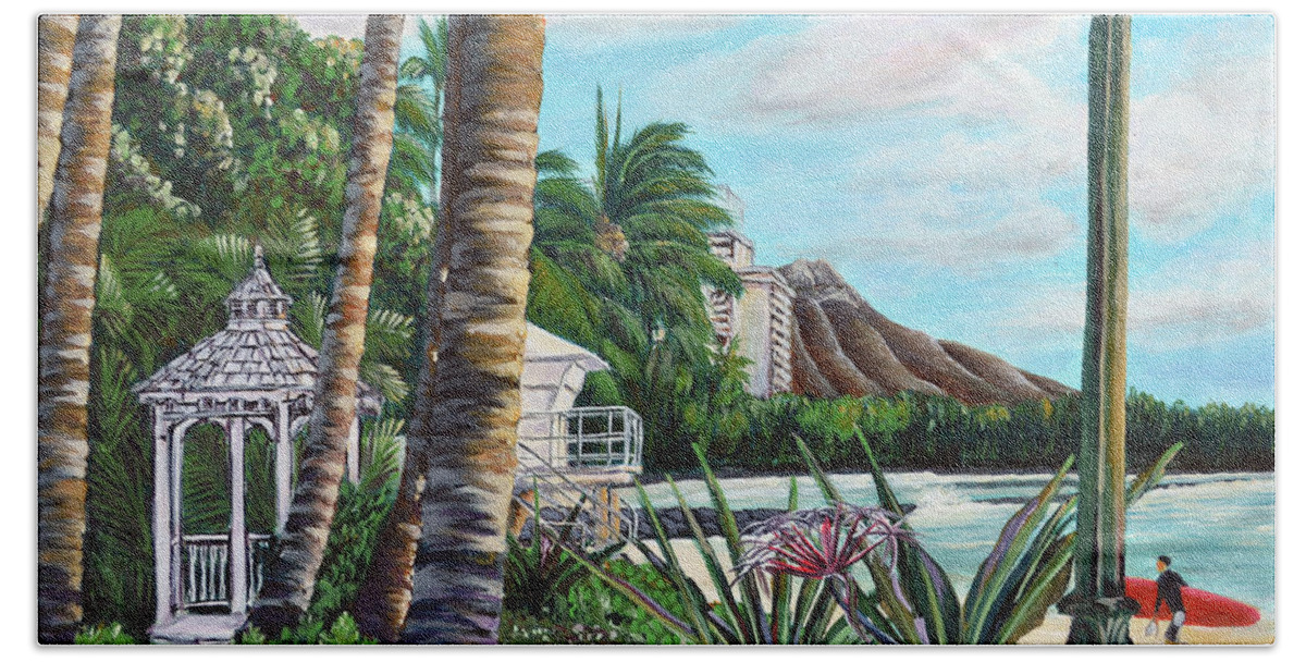Waikiki Beach Towel featuring the painting Waikiki by Larry Geyrozaga