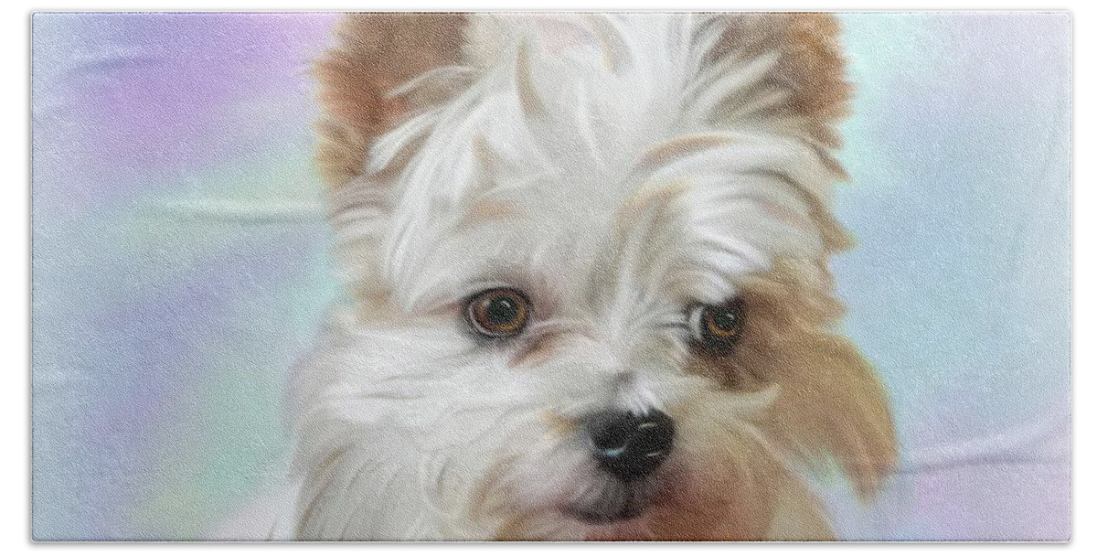 Parti Yorkie Beach Towel featuring the mixed media Waiting for a Cookie by Mary Timman