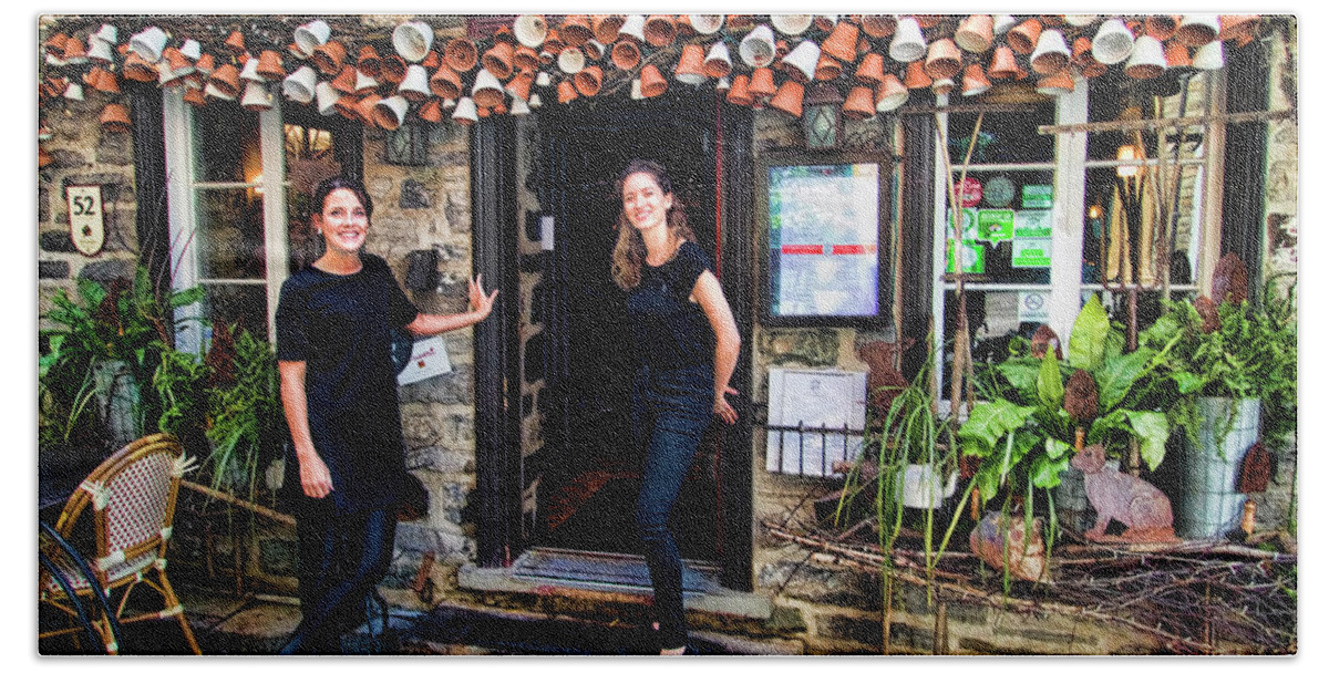 Green Beach Sheet featuring the photograph Waitresses at Outdoor French Terroir in Old Quebec City by David Smith