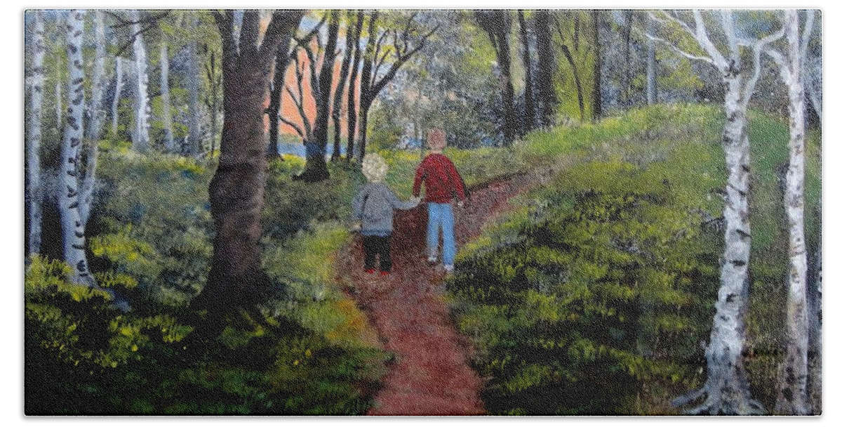 Walk Beach Sheet featuring the painting Walk in the woods by Anne Sands