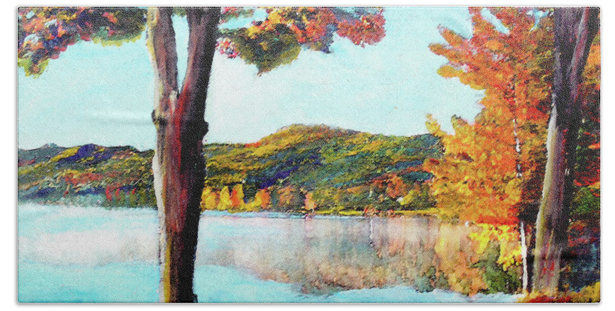 Water Beach Towel featuring the painting A Walk Down Lake Champlain by Frank Botello