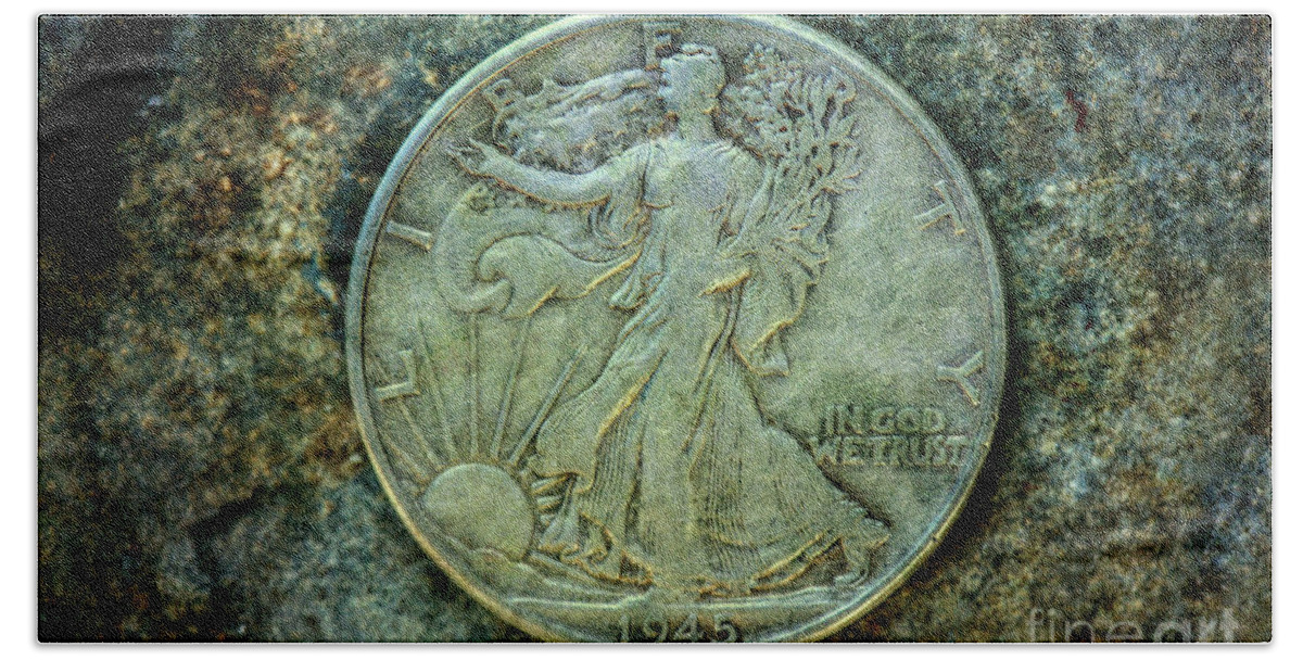 Old Silver Coin Beach Sheet featuring the digital art Walking Liberty Half Dollar Obverse by Randy Steele
